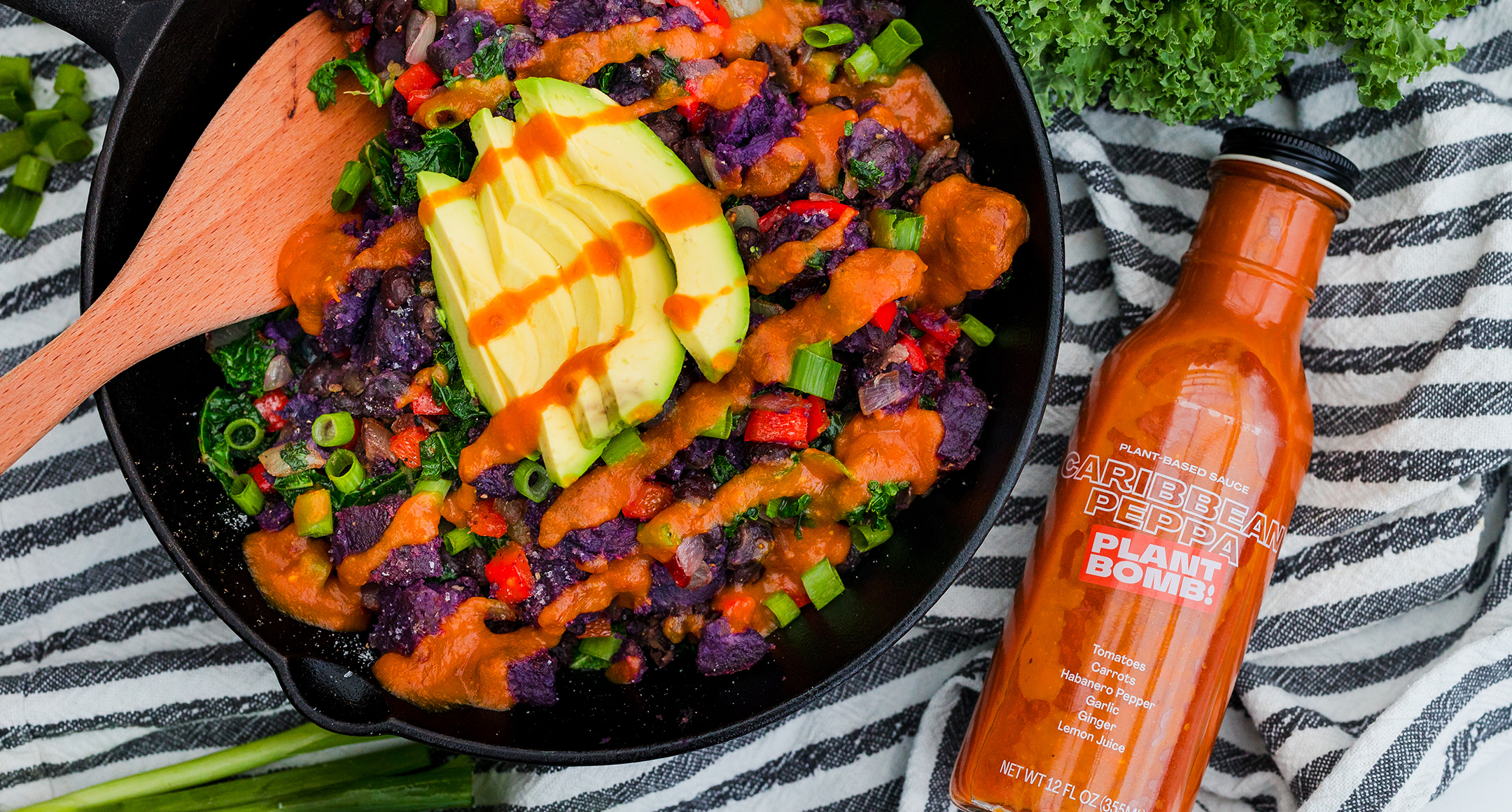 An overview shot of a bowl of Chipotle Sweet Potato and Black Bean Hash. 